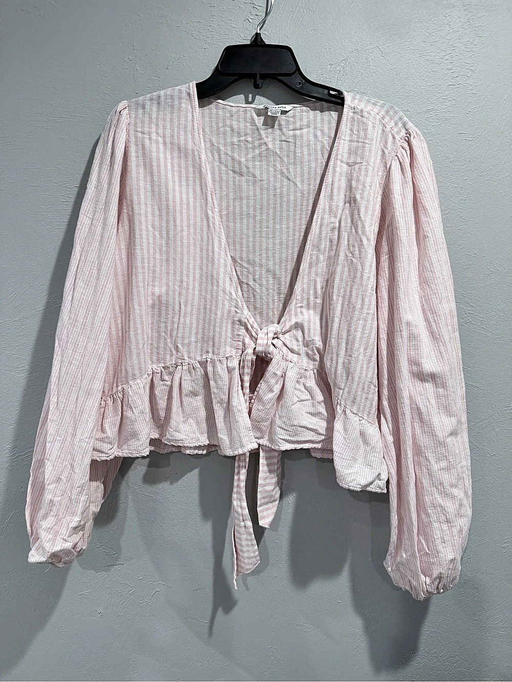 American Eagle XXL Pink White Striped Tie Front Ruffle Peplum Blouse Linen Blend